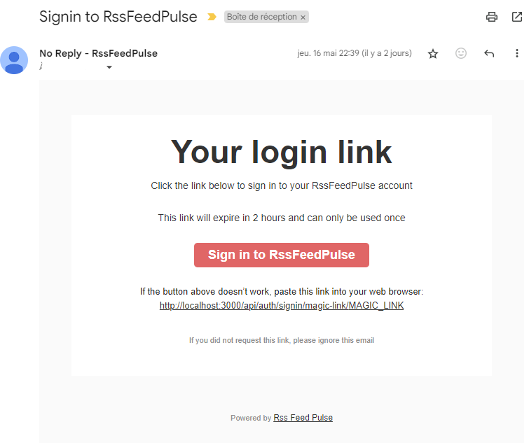 Lien magique reçu par email
